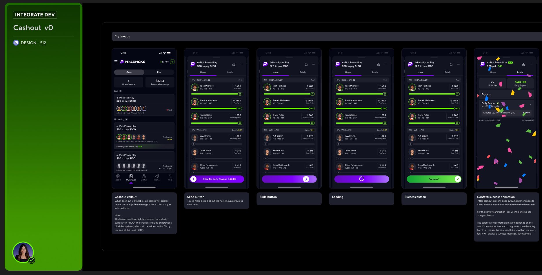 Early Payout: Figma spec showing full cashout flow: callout, slide button, loading, success, and confetti states