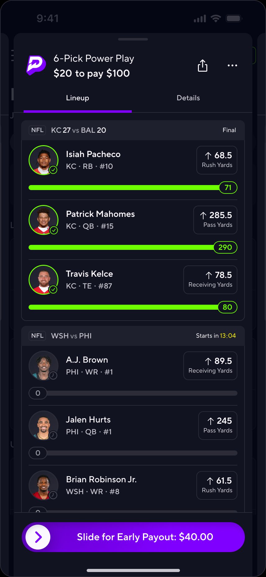 Lineup detail: Slide for Early Payout swipe interaction