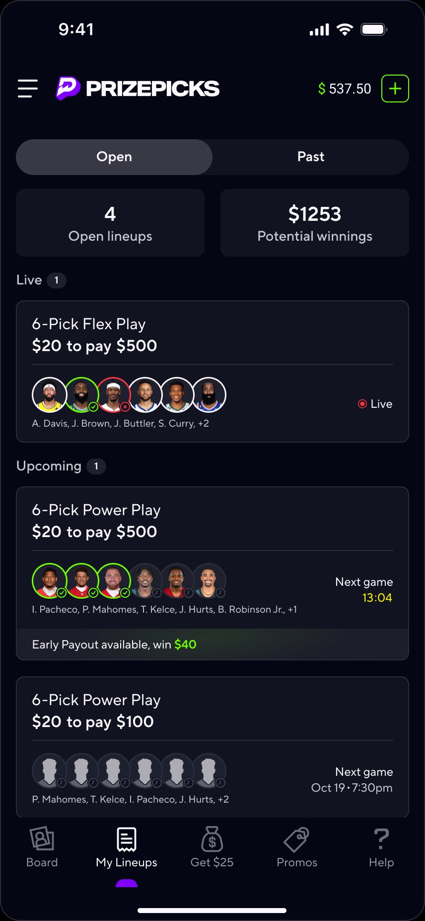 My Lineups feed: Early Payout available badge on eligible lineup