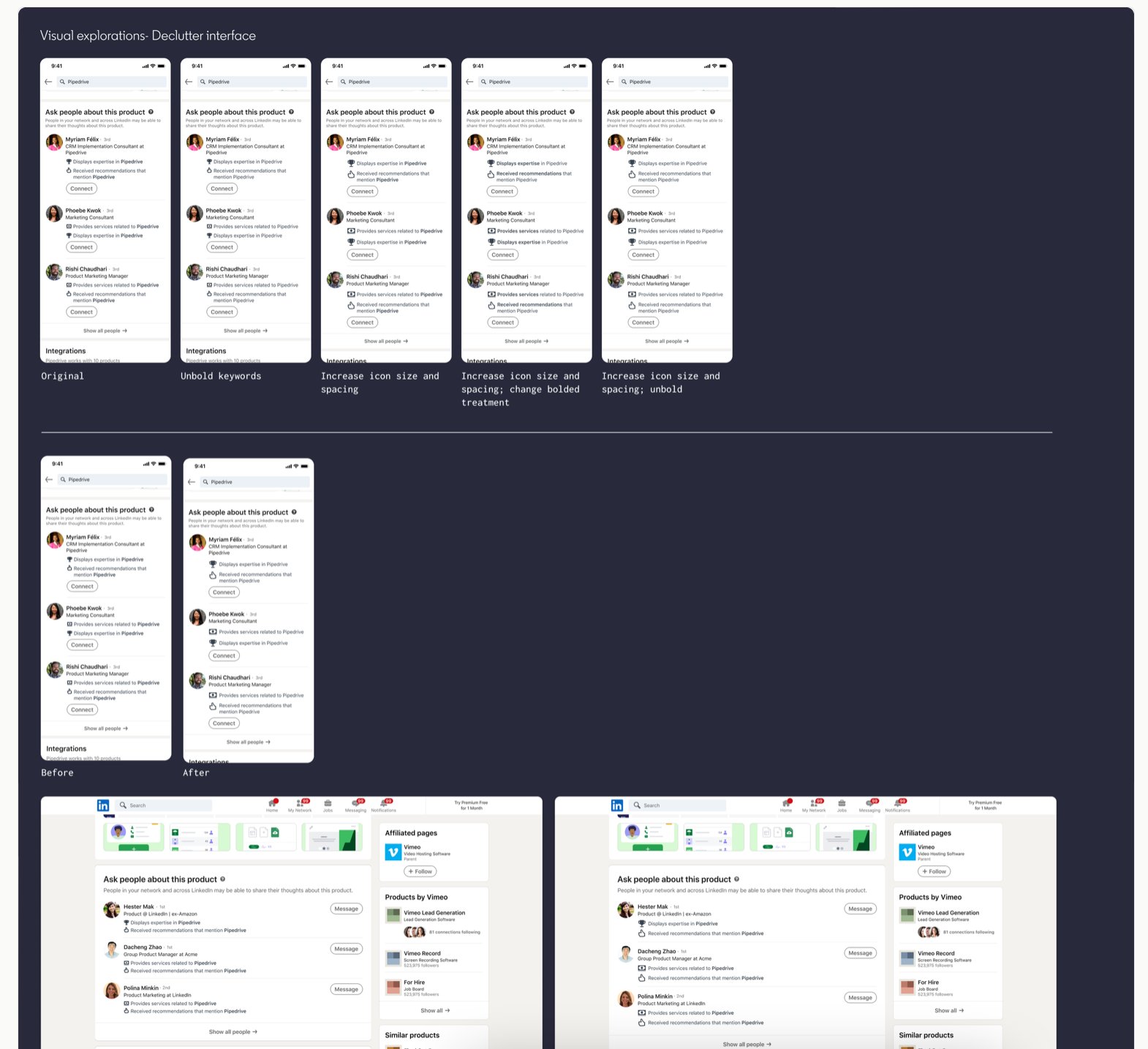Visual explorations: iterating on icon size, spacing, text weight, and keyword treatment