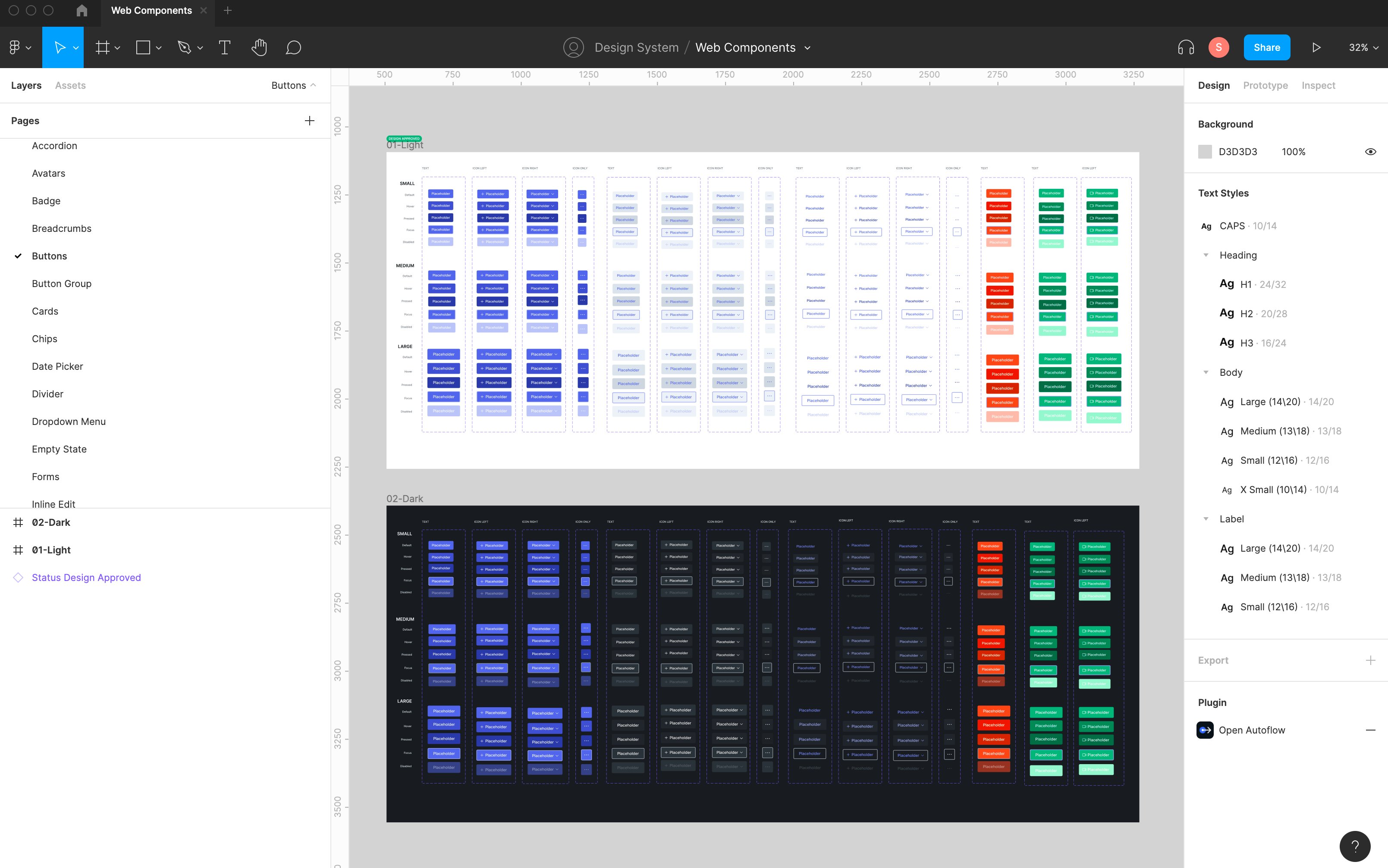 Hillrom Design System: Figma component library, Buttons page light and dark