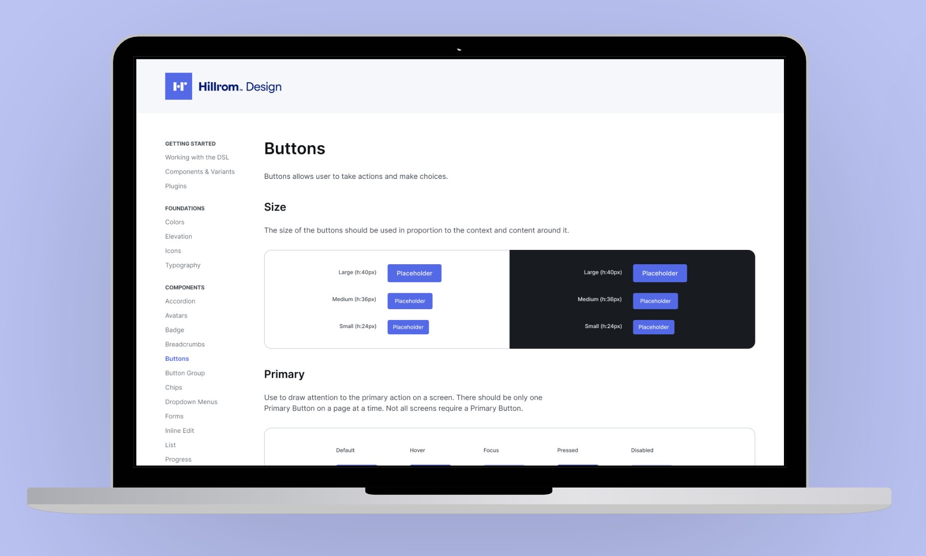 Hillrom Design documentation site: Buttons component page