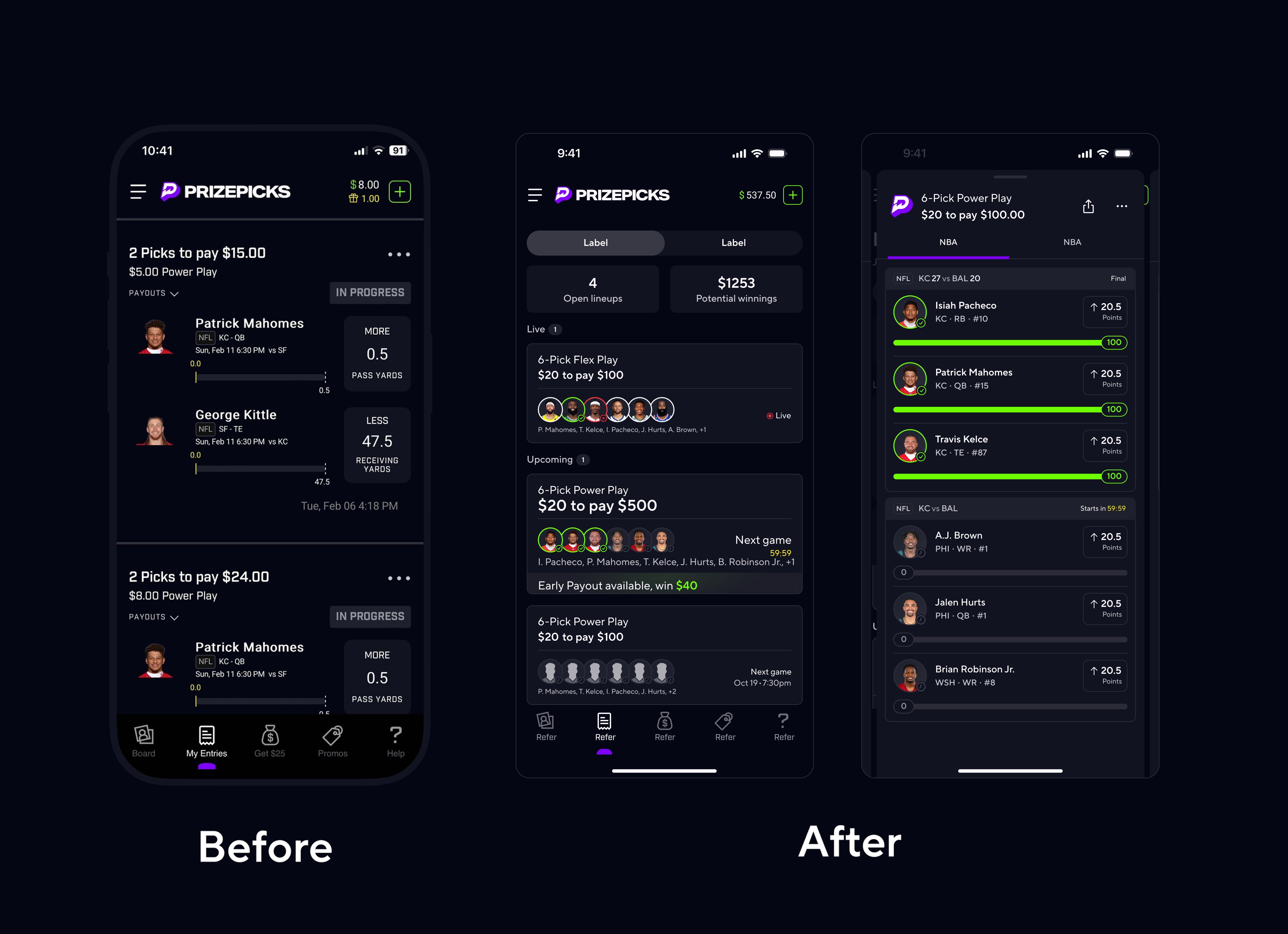 Live Lineups: before and after comparison showing the redesigned entry tracking experience