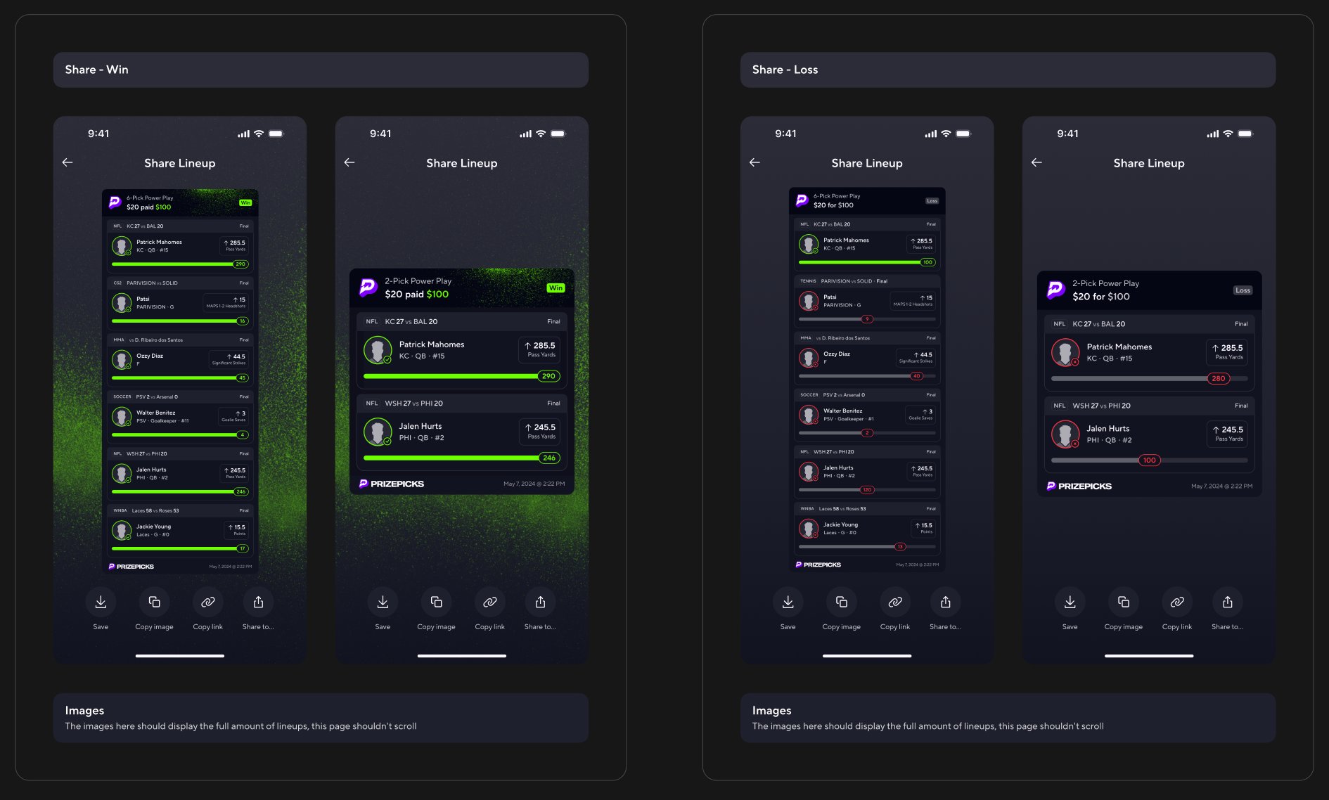Live Lineups: share lineup screens for win and loss states