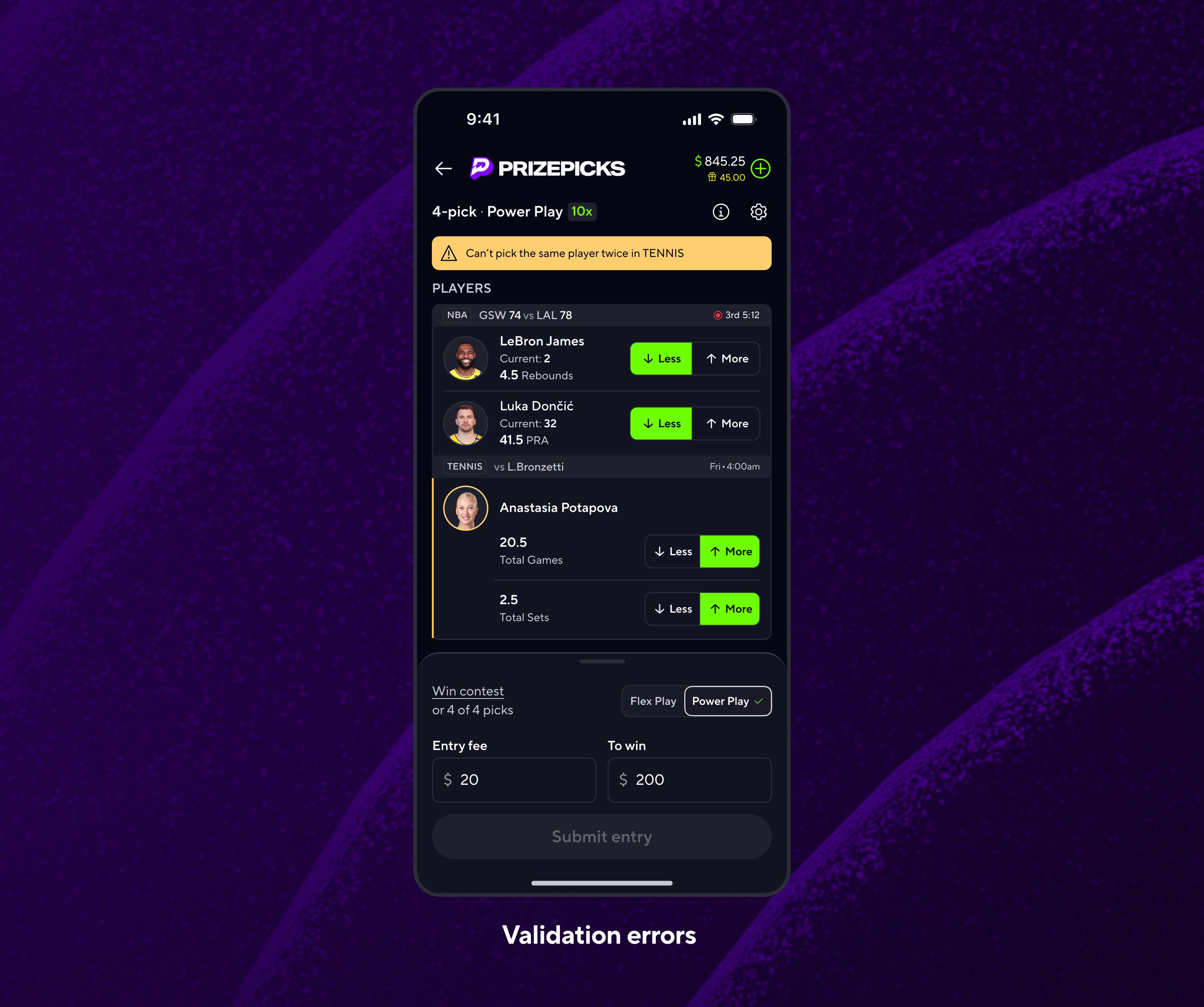 Stacks: validation error state showing inline warning when same player picked twice in a sport