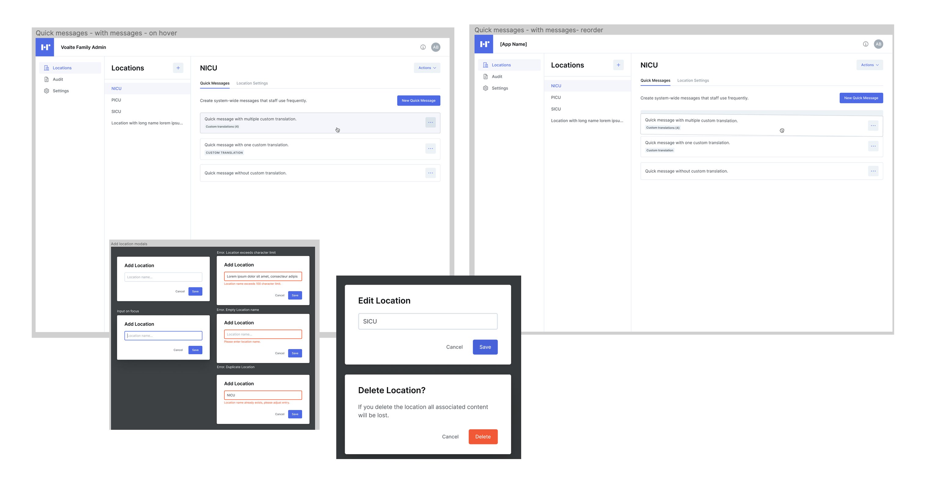 Voalte Family web admin portal: quick messages and location management