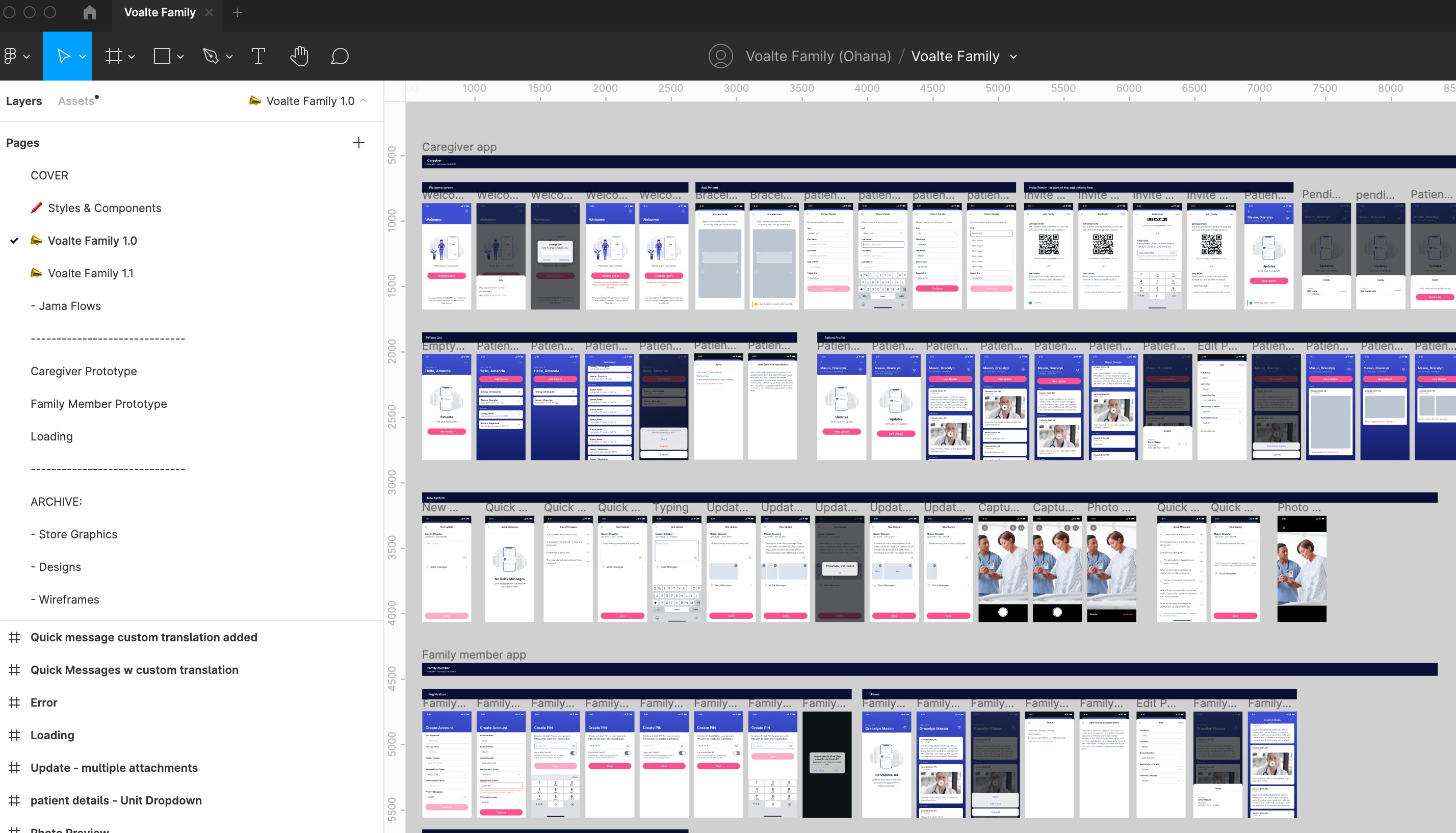 Voalte Family Figma file: caregiver app and family member app screens